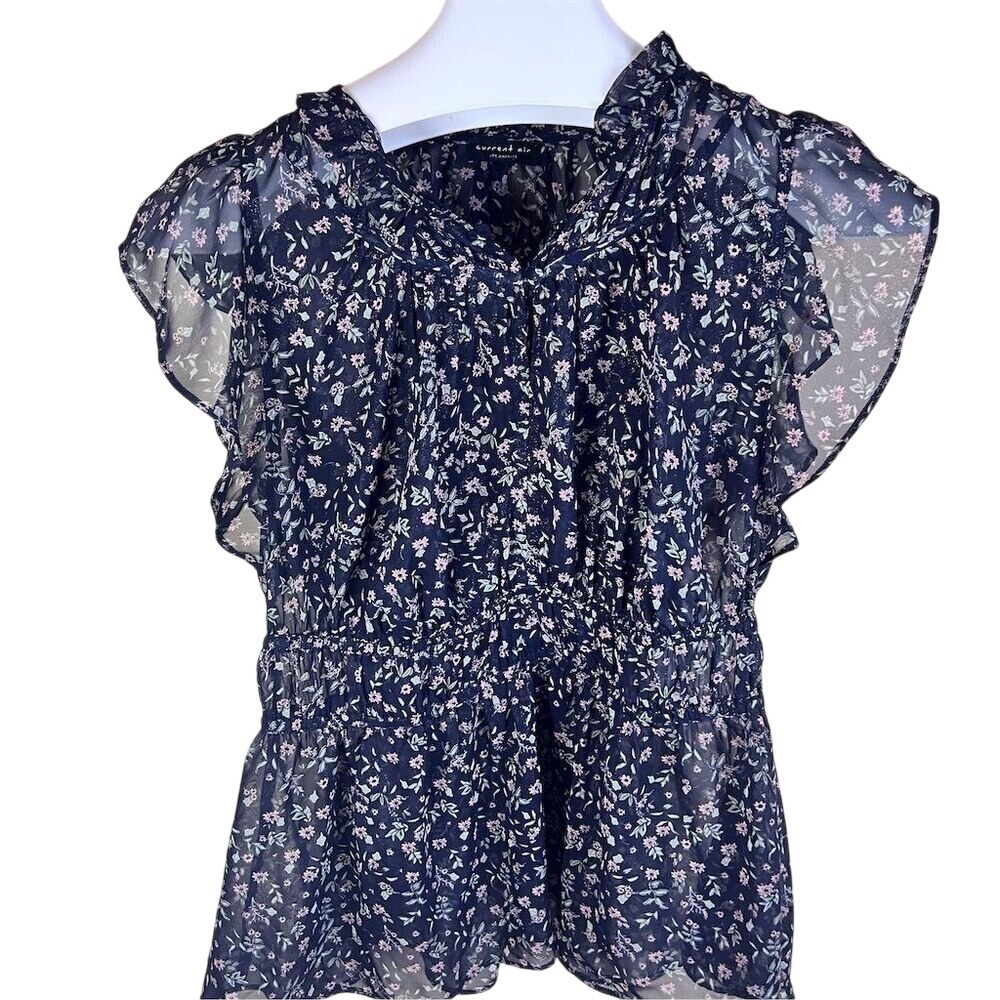 Current Air Women's Black Floral Blouse Size Large Short Sleeve Ruffle Career
